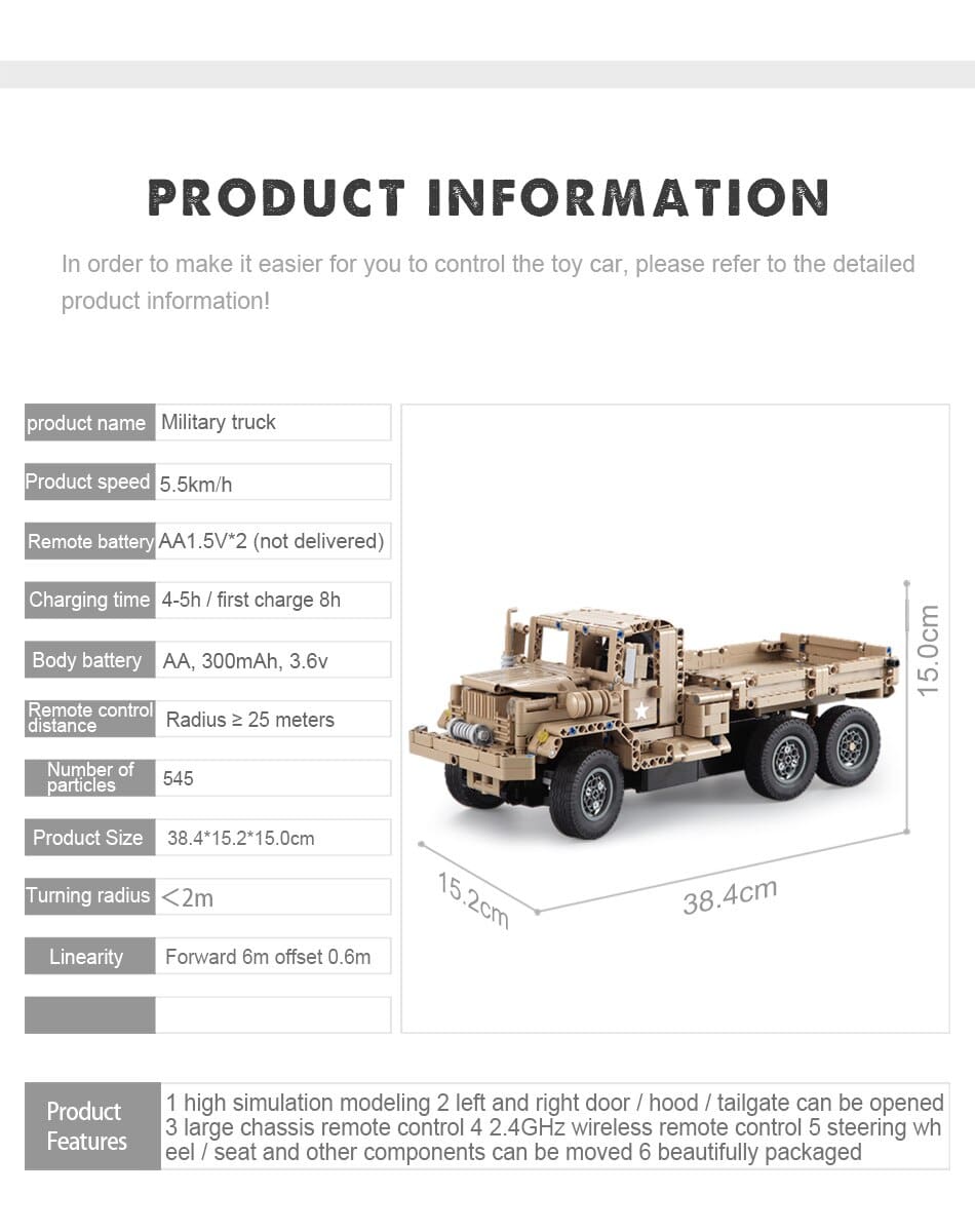 Military RC Truck DIY Model Building Blocks Toy