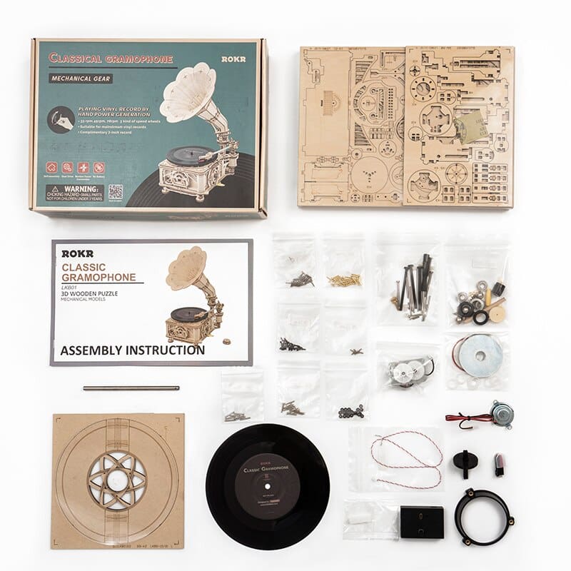 Hand Crank Classic Gramophone 3D Wooden Puzzle Kit
