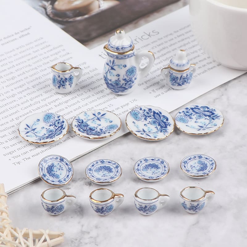 15Pcs 1:12 Miniature Porcelain Tea Cup Set for Toyhouse Furniture