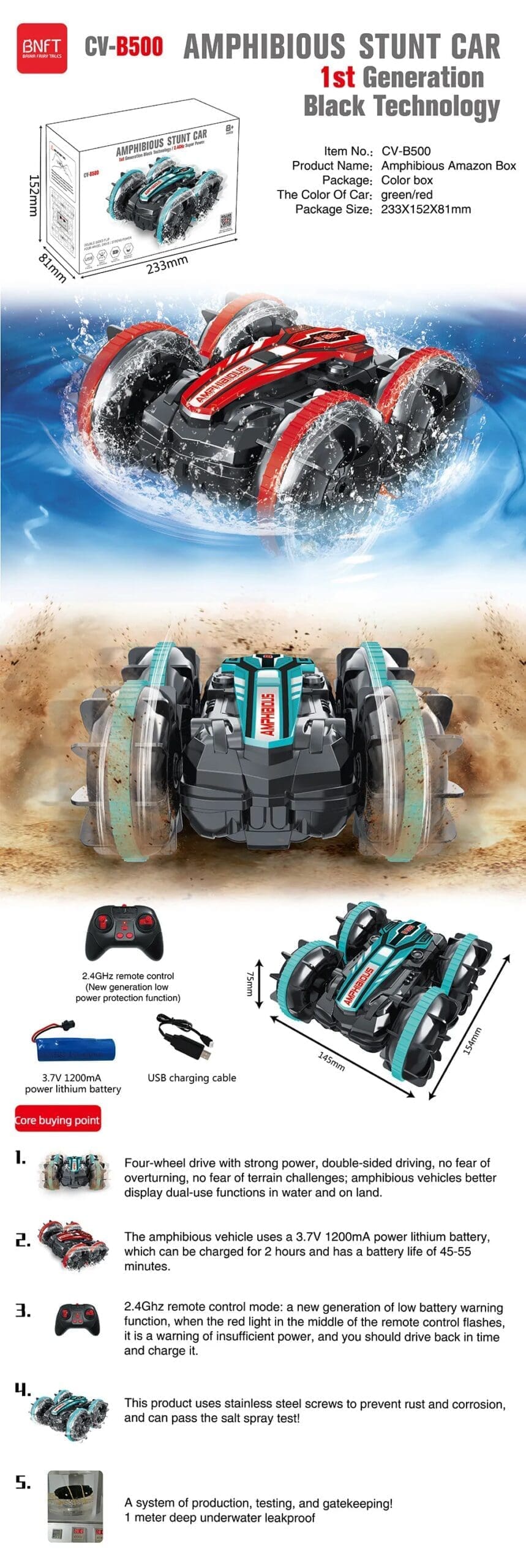 Newest High-tech 2.4G Amphibious RC Car Toy for Boy and Adult