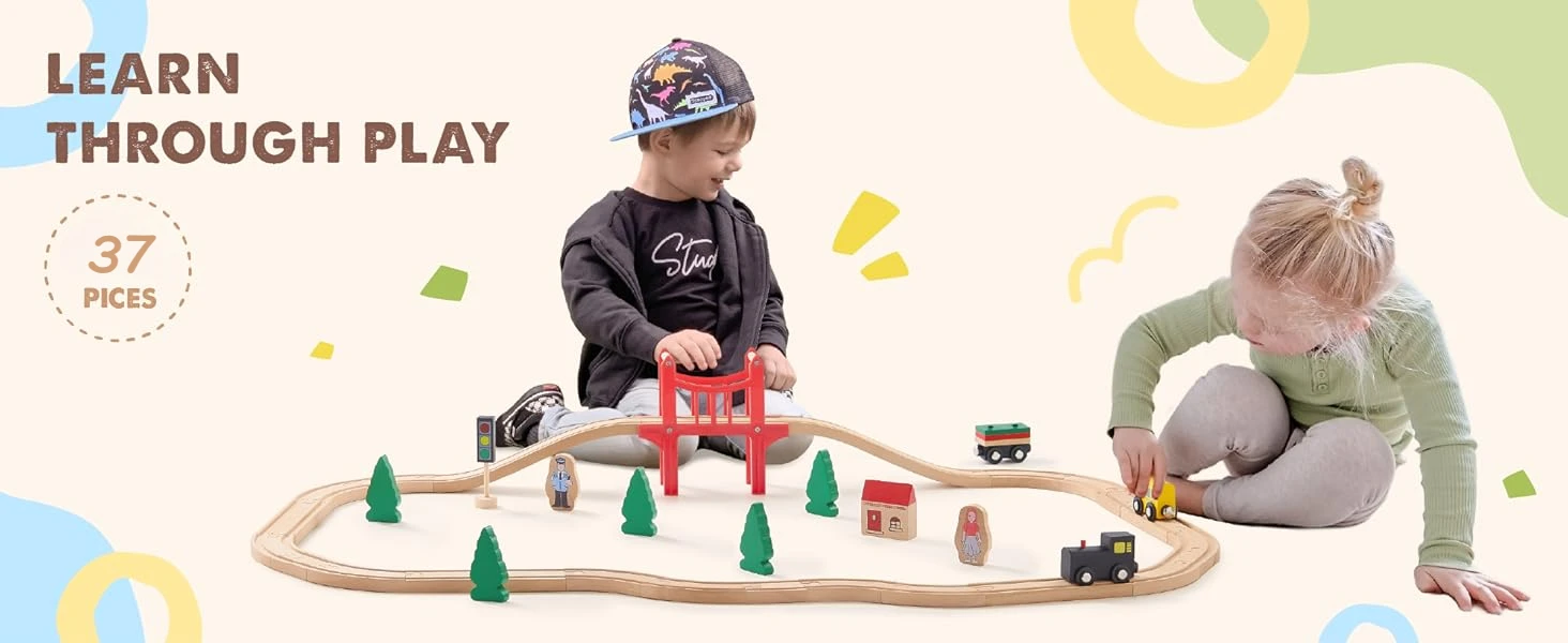 Wooden Train Set - 37 Pcs Tiny Land Toy for Toddlers